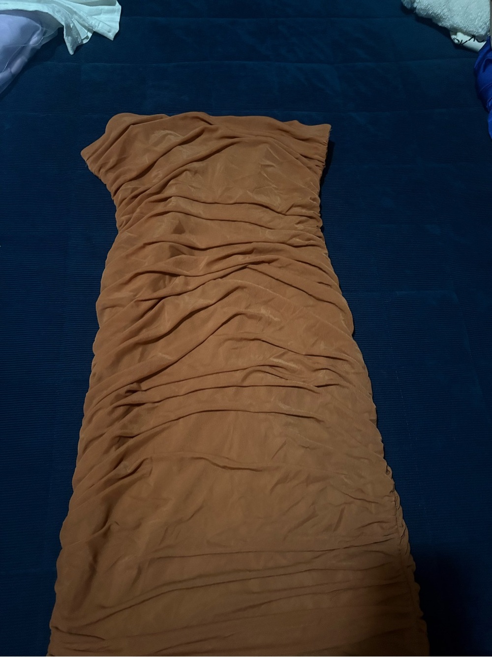 Sabora Strapless Ruched Dress in Camel Brown